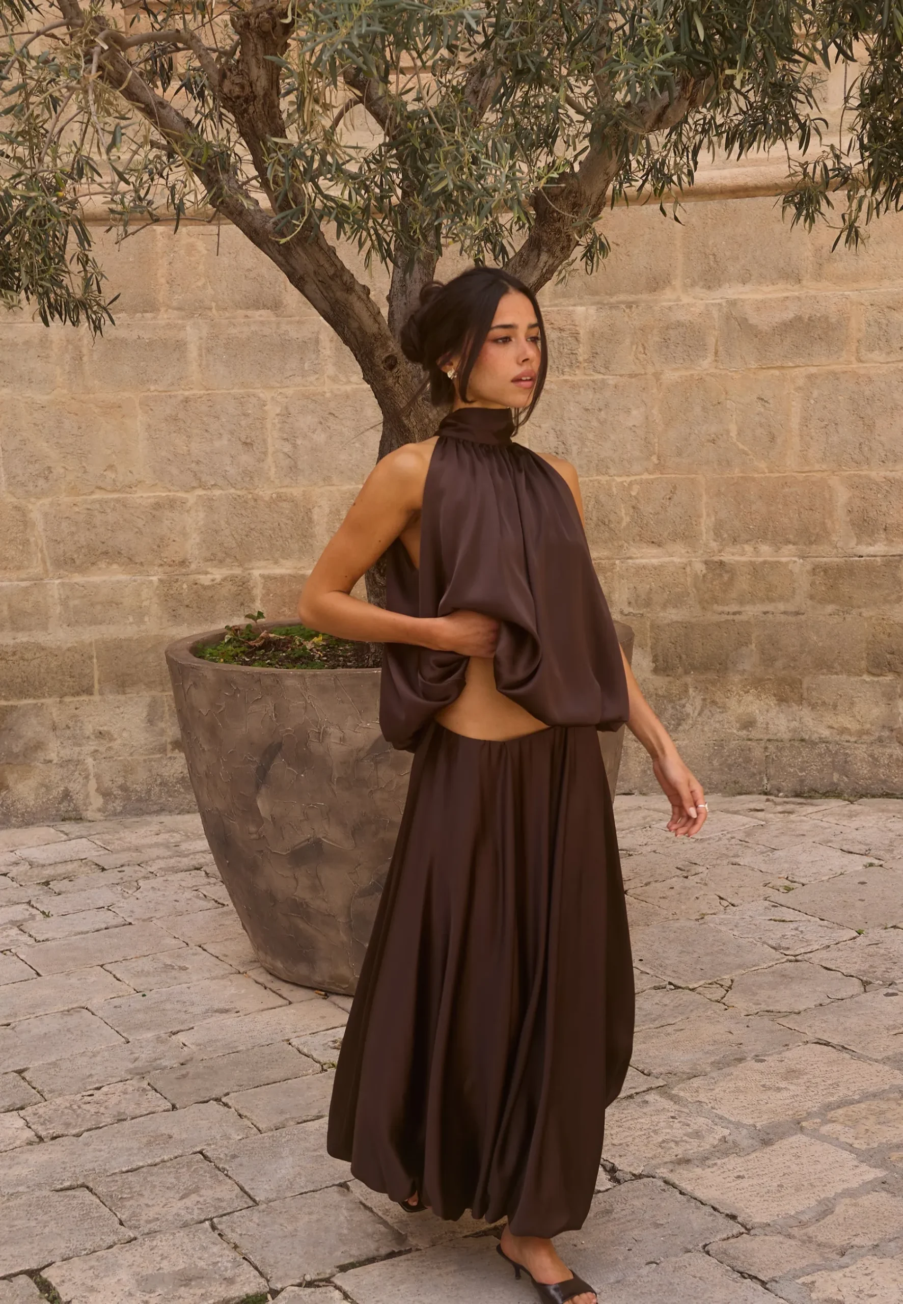 Bubble-Hem Halterneck Satin top