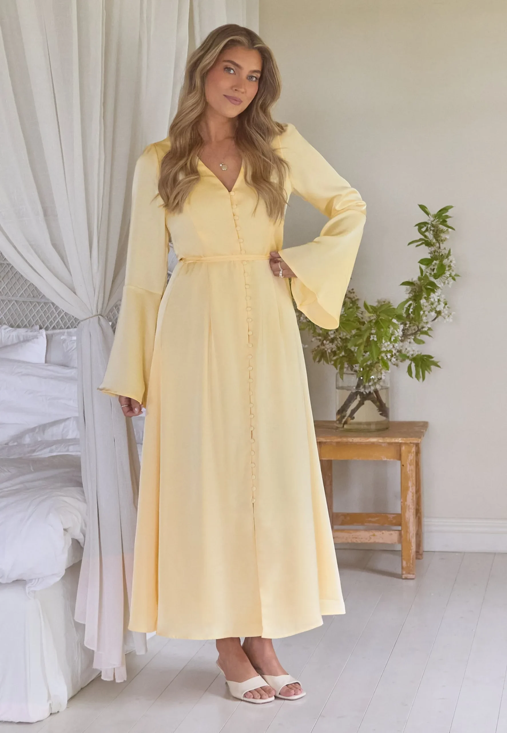 Flounce Sleeve Satin Maxi Dress